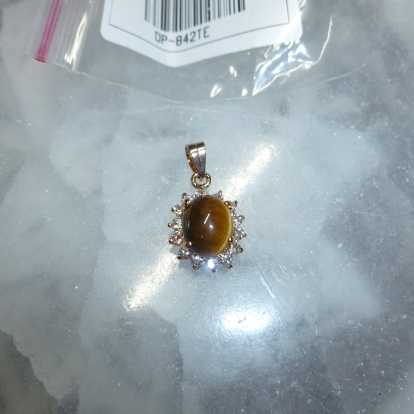 18K Gold Electroplate Tiger's Eye Swarovski Crystals Pendant - Picture 2 of 5
